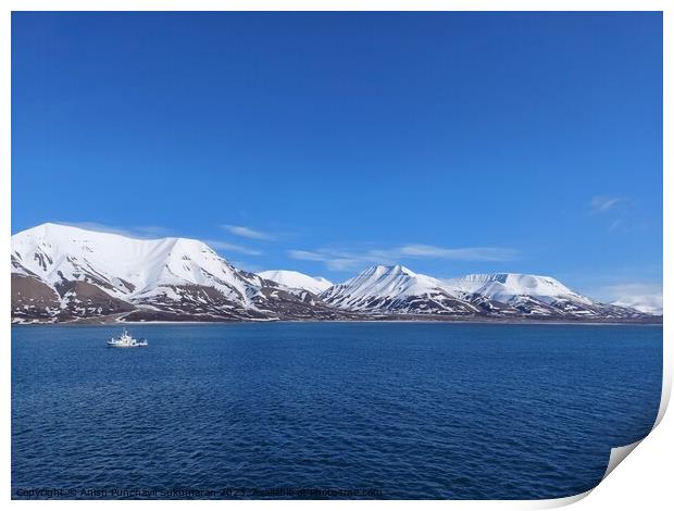 Serene Winter Landscape: Majestic Mountains, Pristine Snow, and Tranquil Sea a view from svalbard and jan mayen norway Print by Anish Punchayil Sukumaran