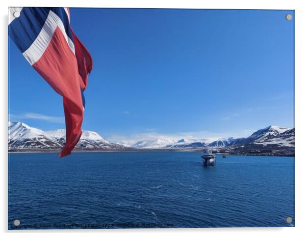 Norwegian Winter: Majestic Mountain Flag in Blue Sky a view from svalbard and jan mayen Acrylic by Anish Punchayil Sukumaran