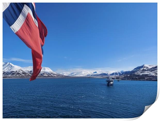 Norwegian Winter: Majestic Mountain Flag in Blue Sky a view from svalbard and jan mayen Print by Anish Punchayil Sukumaran