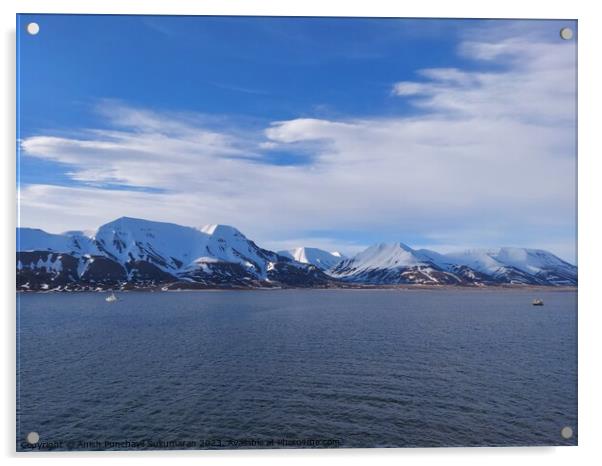 Architectural beauty against mountainous coastline with nautical vessel sailing on calm waters. a view from salbard longyearbyen norway Acrylic by Anish Punchayil Sukumaran