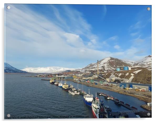 Norway salbard longyearbyen 2 june 2023Coastal landscape with ship, beach, mountain, and architectural building under sunny sky. Acrylic by Anish Punchayil Sukumaran