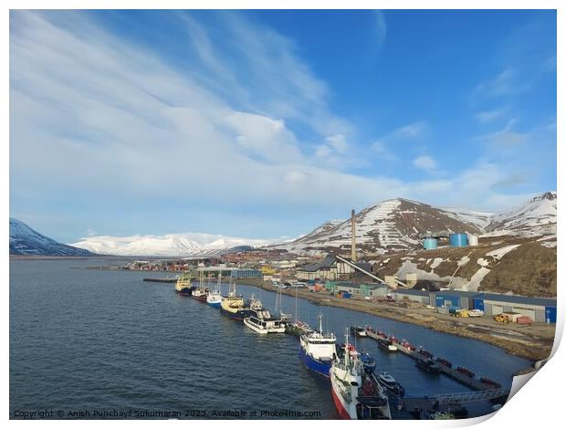 Norway salbard longyearbyen 2 june 2023Coastal landscape with ship, beach, mountain, and architectural building under sunny sky. Print by Anish Punchayil Sukumaran
