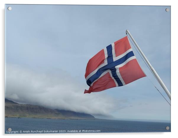 Norwegian Flag Fluttering Proudly Against Clear Blue Sky Acrylic by Anish Punchayil Sukumaran