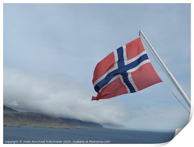 Norwegian Flag Fluttering Proudly Against Clear Blue Sky Print by Anish Punchayil Sukumaran