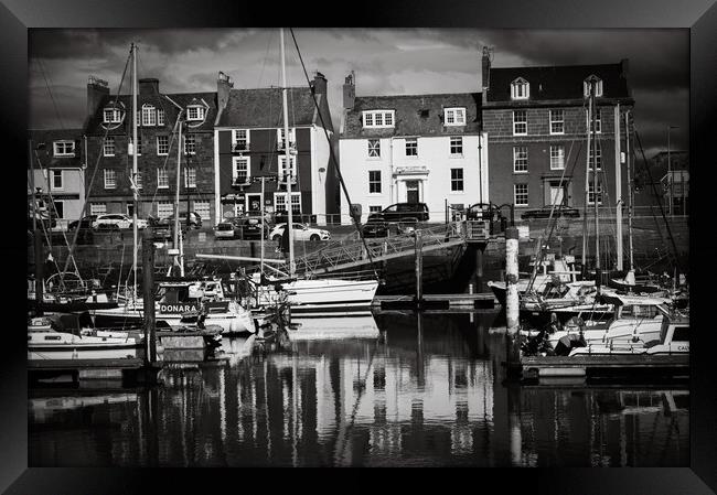 Houses and Fishing Boats at Arbroath Harbour Mono Framed Print by DAVID FRANCIS