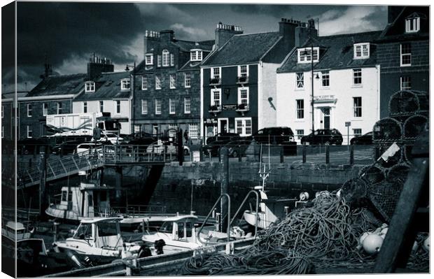Houses and Fishing Boats at Arbroath Harbour Mono Canvas Print by DAVID FRANCIS