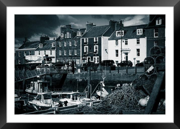 Houses and Fishing Boats at Arbroath Harbour Mono Framed Mounted Print by DAVID FRANCIS