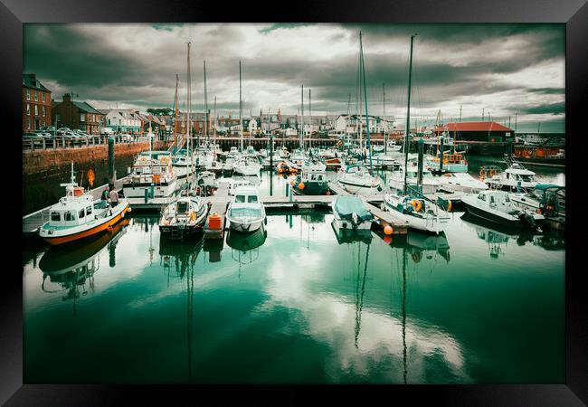 Yachts reflected in Arbroath Harbour Scotland Framed Print by DAVID FRANCIS