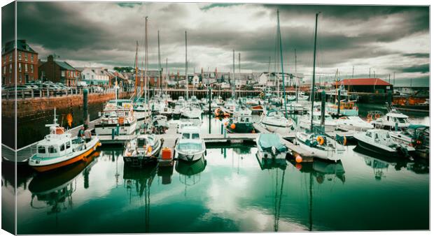 Yachts reflected in Arbroath Harbour Scotland Canvas Print by DAVID FRANCIS