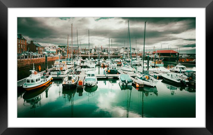 Yachts reflected in Arbroath Harbour Scotland Framed Mounted Print by DAVID FRANCIS