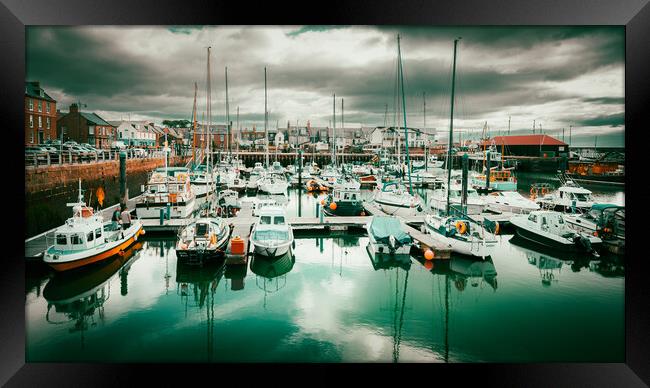 Yachts reflected in Arbroath Harbour Scotland Framed Print by DAVID FRANCIS