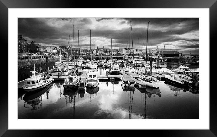 Yachts reflected in Arbroath Harbour Mono Framed Mounted Print by DAVID FRANCIS