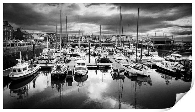 Yachts reflected in Arbroath Harbour Mono Print by DAVID FRANCIS