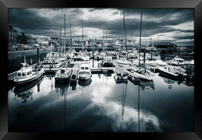 Yachts reflected in Arbroath Harbour Mono Framed Print by DAVID FRANCIS