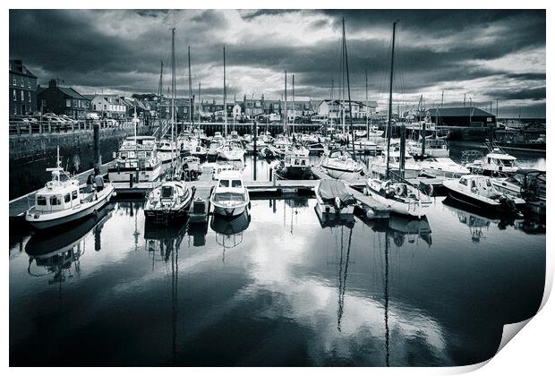Yachts reflected in Arbroath Harbour Mono Print by DAVID FRANCIS
