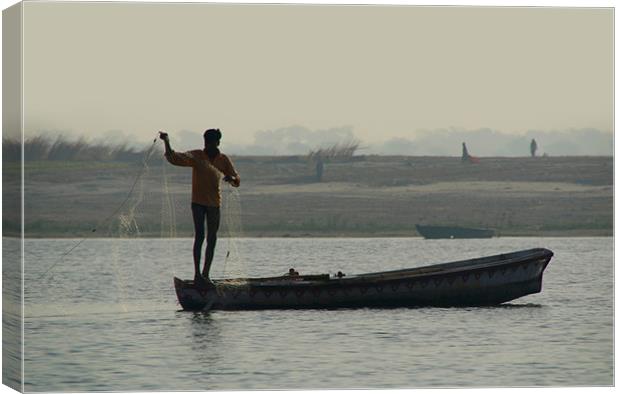 Fisherman Casting Nets, River Ganges, Varanasi, In Canvas Print by Serena Bowles