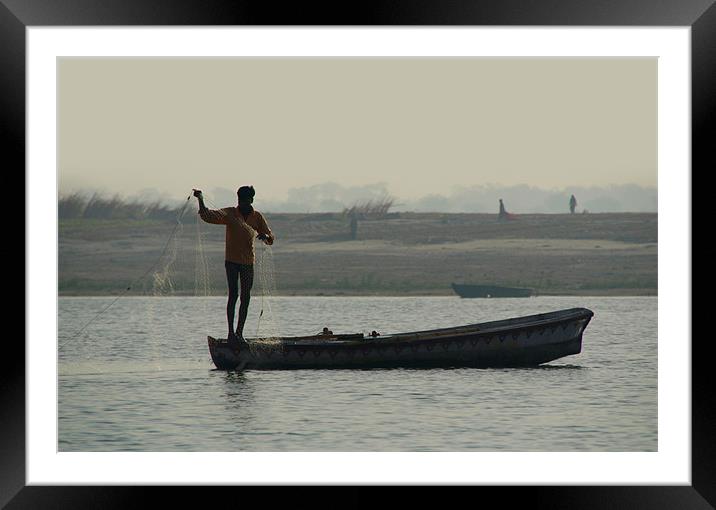 Fisherman Casting Nets, River Ganges, Varanasi, In Framed Mounted Print by Serena Bowles