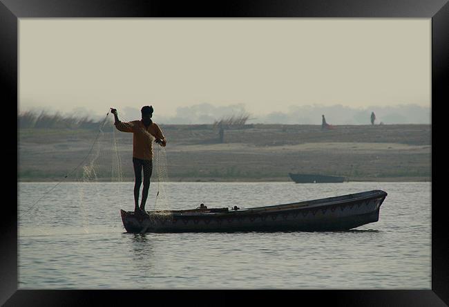 Fisherman Casting Nets, River Ganges, Varanasi, In Framed Print by Serena Bowles