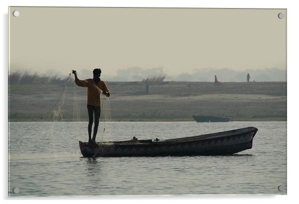 Fisherman Casting Nets, River Ganges, Varanasi, In Acrylic by Serena Bowles