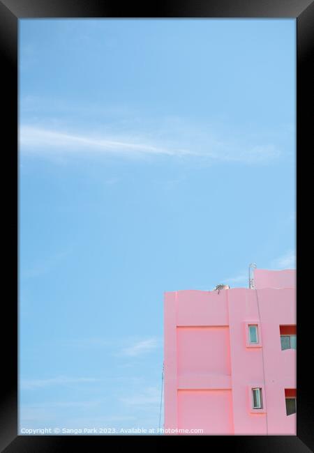 Pink minimal building with blue sky Framed Print by Sanga Park