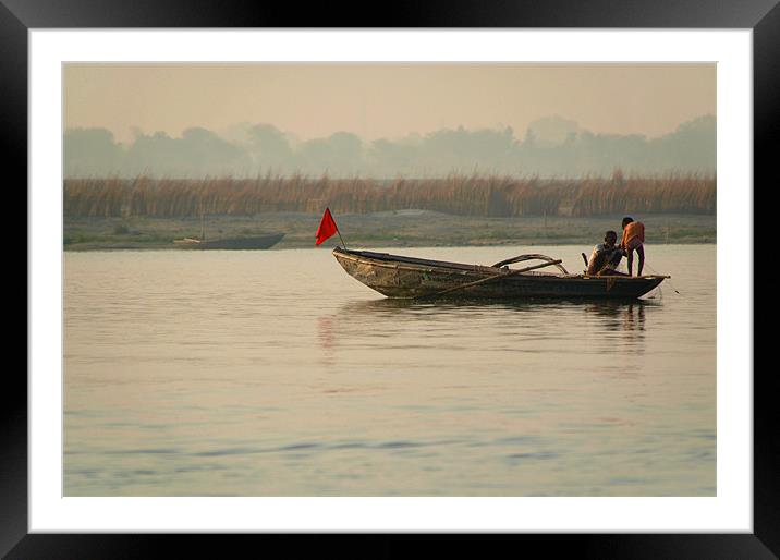 Fishing Boat with Red Flag Framed Mounted Print by Serena Bowles
