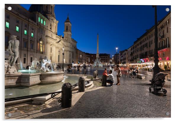 Piazza Navona At Night In Rome Acrylic by Artur Bogacki