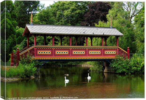 Birkenhead Park Swiss Bridge With Swans Swimming Canvas Print by Stuart Whittingham