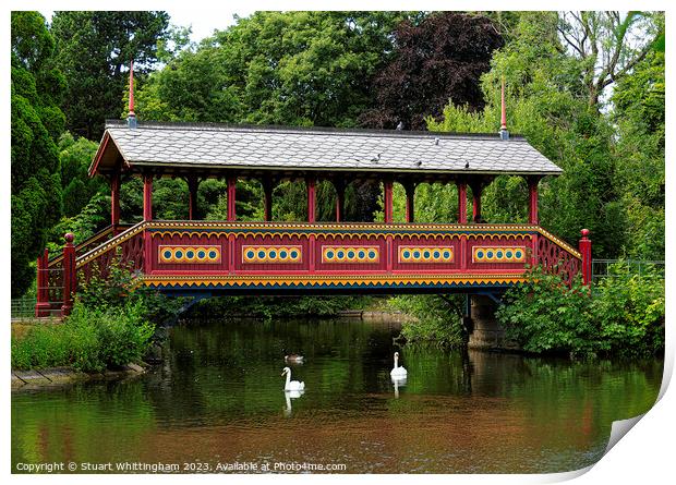 Birkenhead Park Swiss Bridge With Swans Swimming Print by Stuart Whittingham
