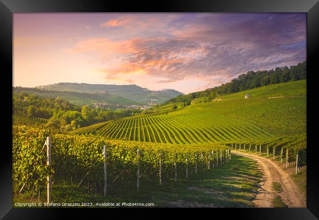 Langhe vineyards view and rural road, Italy Framed Print by Stefano Orazzini