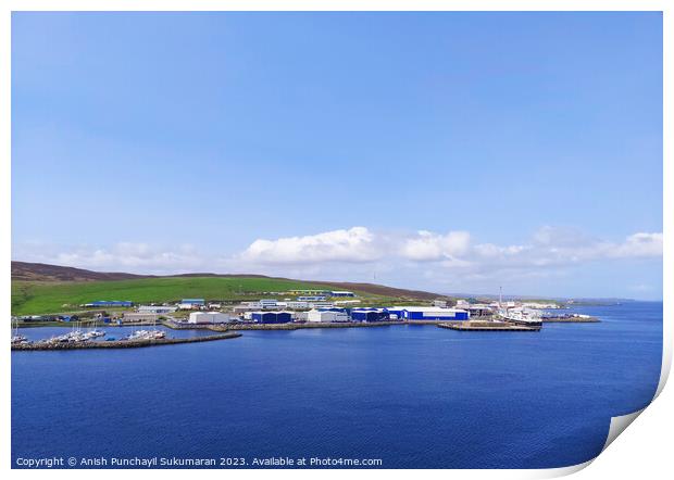 Architectural port in Holmsgarth harbor, with clear sky and tranquil sea Print by Anish Punchayil Sukumaran