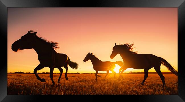 silhouette of wild horses running Framed Print by Guido Parmiggiani