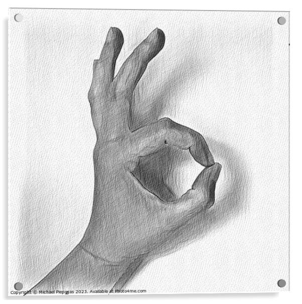 A pencil drawing of a human hand showing gestures. Acrylic by Michael Piepgras