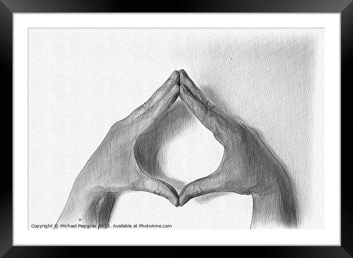 A pencil drawing of a human hand showing gestures. Framed Mounted Print by Michael Piepgras