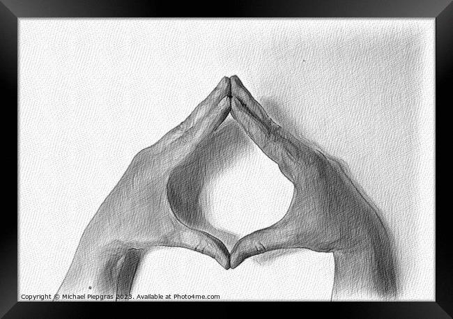 A pencil drawing of a human hand showing gestures. Framed Print by Michael Piepgras