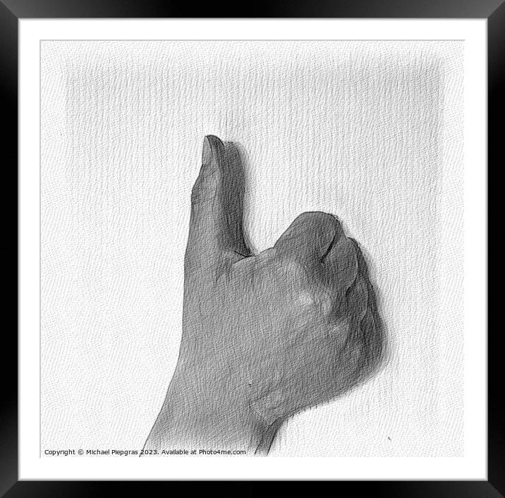 A pencil drawing of a human hand showing gestures. Framed Mounted Print by Michael Piepgras