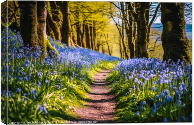 Lonely Footpath through some blue bell flowers in a forest lands Canvas Print by Michael Piepgras