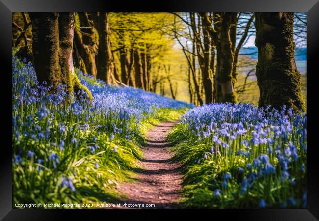 Lonely Footpath through some blue bell flowers in a forest lands Framed Print by Michael Piepgras