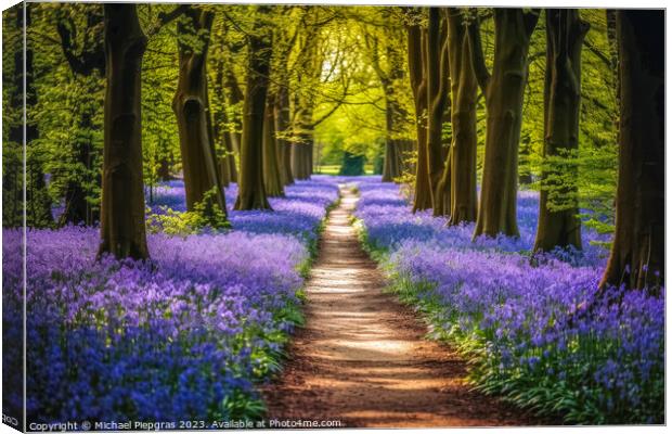 Lonely Footpath through some blue bell flowers in a forest lands Canvas Print by Michael Piepgras