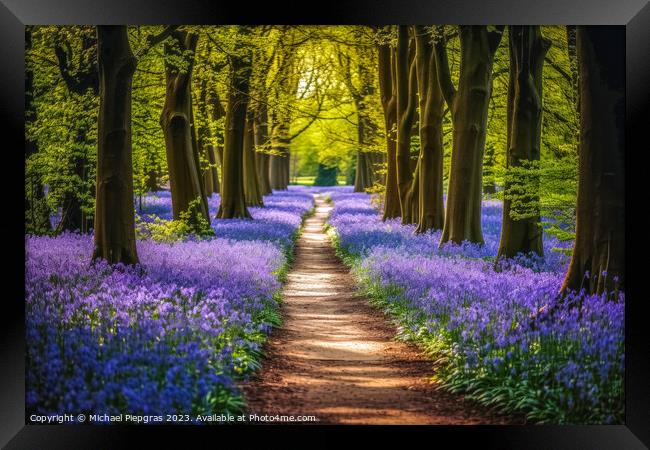 Lonely Footpath through some blue bell flowers in a forest lands Framed Print by Michael Piepgras