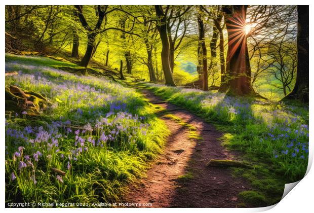 Lonely Footpath through some blue bell flowers in a forest lands Print by Michael Piepgras