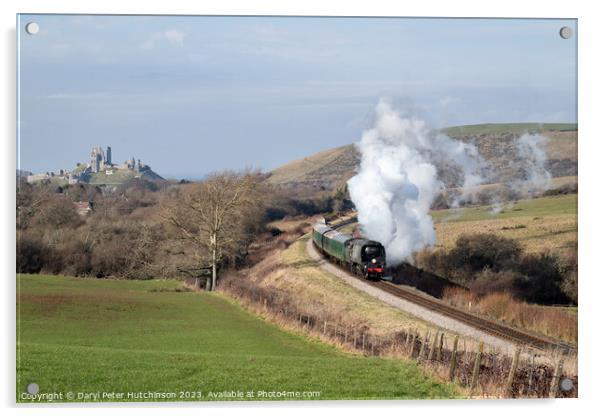 Steam locomotive Manston departing Corfe Castle Acrylic by Daryl Peter Hutchinson