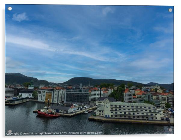 Bergen Norway 22 may 2023 Bergen Cityscape with Beautiful Harbor and Majestic Mountains Acrylic by Anish Punchayil Sukumaran