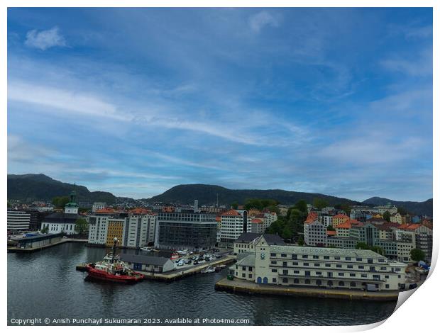 Bergen Norway 22 may 2023 Bergen Cityscape with Beautiful Harbor and Majestic Mountains Print by Anish Punchayil Sukumaran