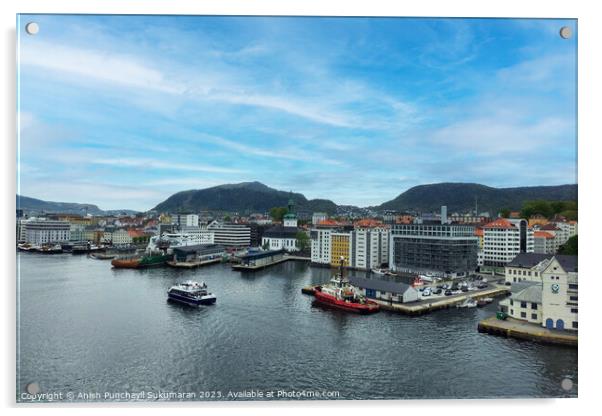 Bergen Norway 22 may 2023 Bergen Cityscape with Beautiful Harbor and Majestic Mountains Acrylic by Anish Punchayil Sukumaran
