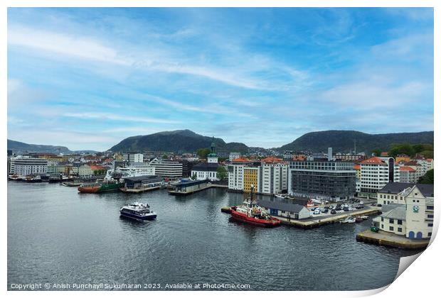 Bergen Norway 22 may 2023 Bergen Cityscape with Beautiful Harbor and Majestic Mountains Print by Anish Punchayil Sukumaran