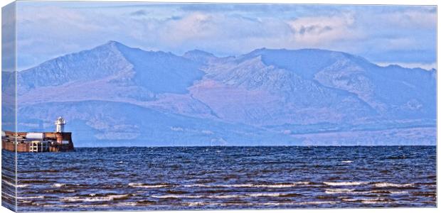 Mountains on Arran and Troon lighthouse Canvas Print by Allan Durward Photography