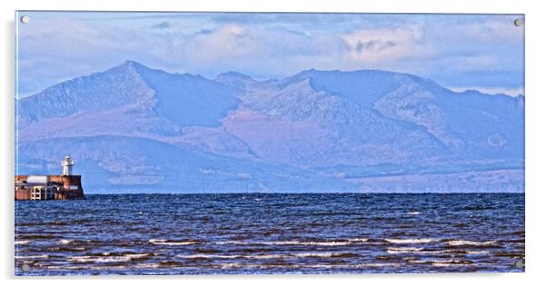 Mountains on Arran and Troon lighthouse Acrylic by Allan Durward Photography