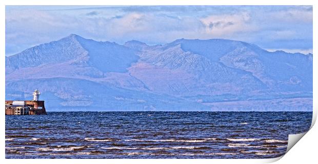 Mountains on Arran and Troon lighthouse Print by Allan Durward Photography