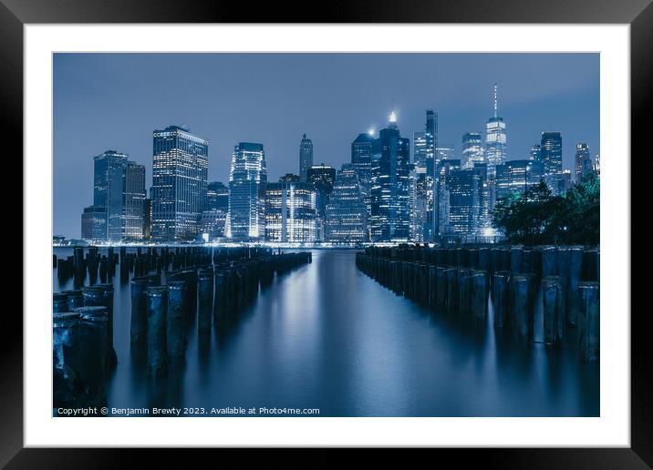 New York City Skyline ( Blue ) Framed Mounted Print by Benjamin Brewty