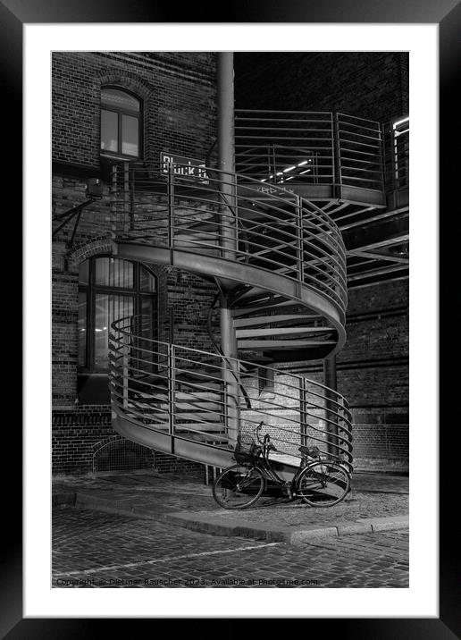 Spiral Staircase and Bicycle in the Speicherstadt of Hamburg Framed Mounted Print by Dietmar Rauscher